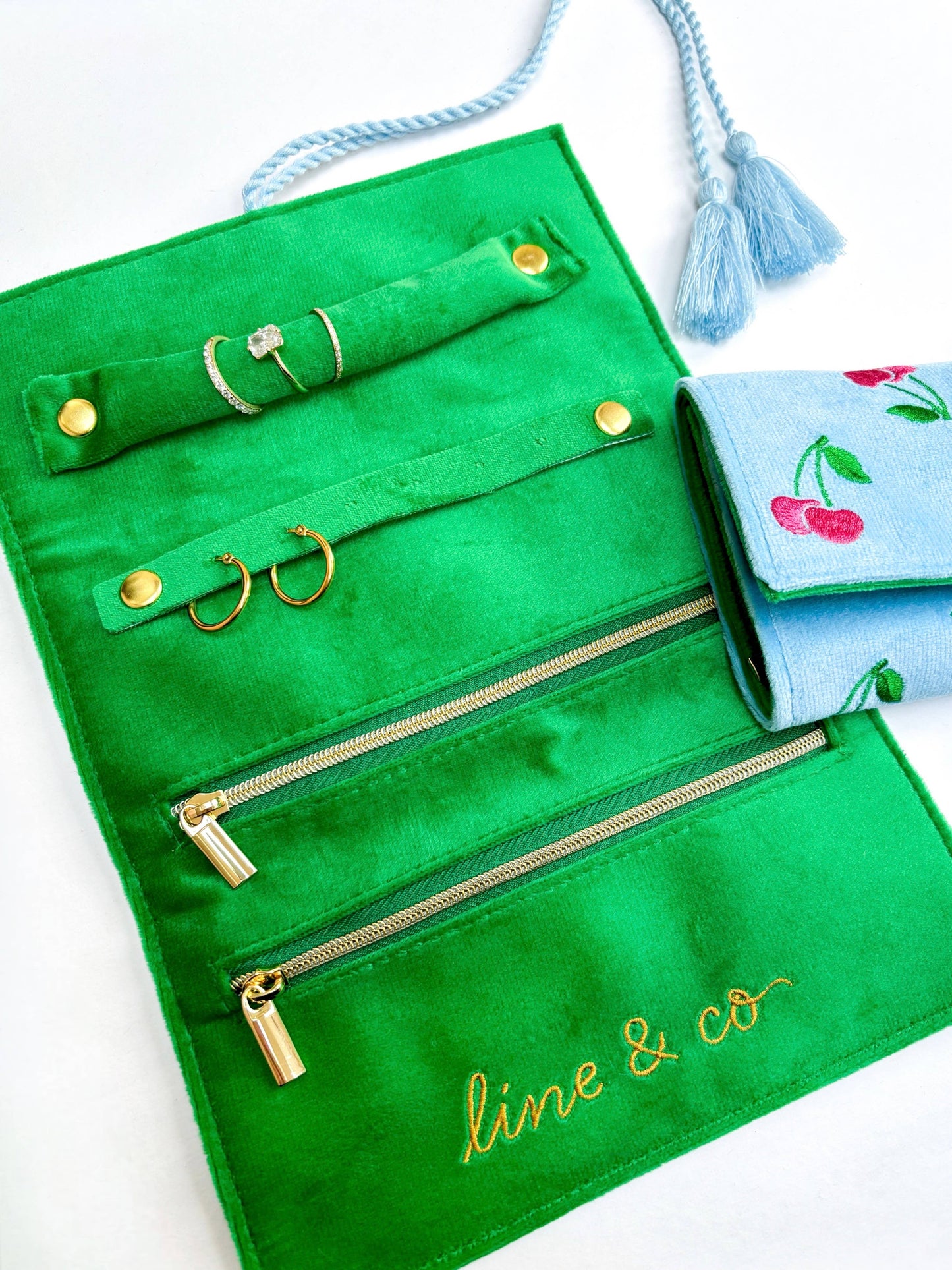 Cherry Travel Jewelry Roll // Embroidered Velvet 
