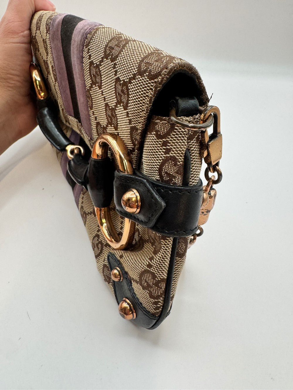 Gucci Supreme Horsebit Purple Satin Chain Clutch|2323