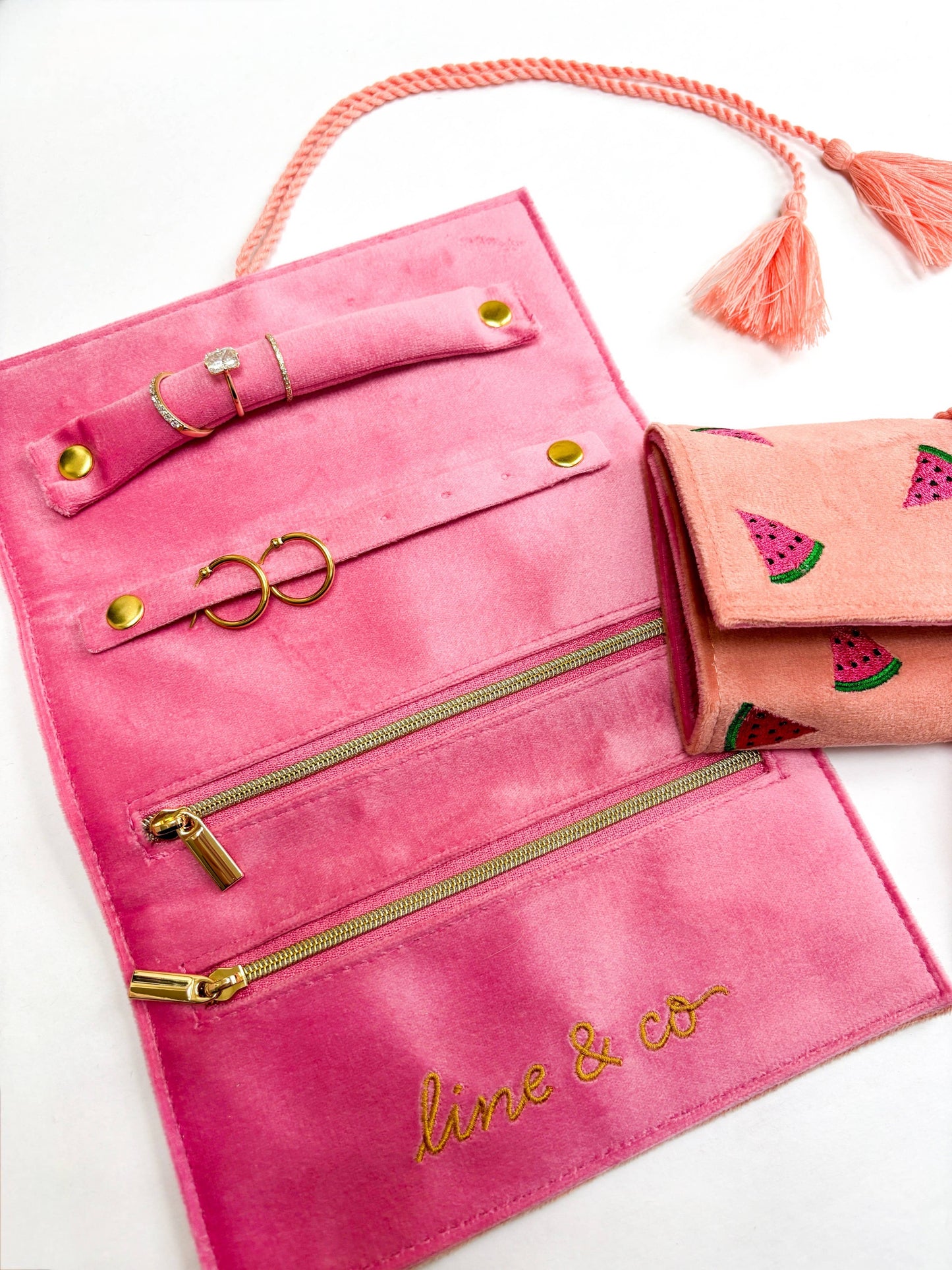 Watermelon Travel Jewelry Roll // Embroidered Velvet