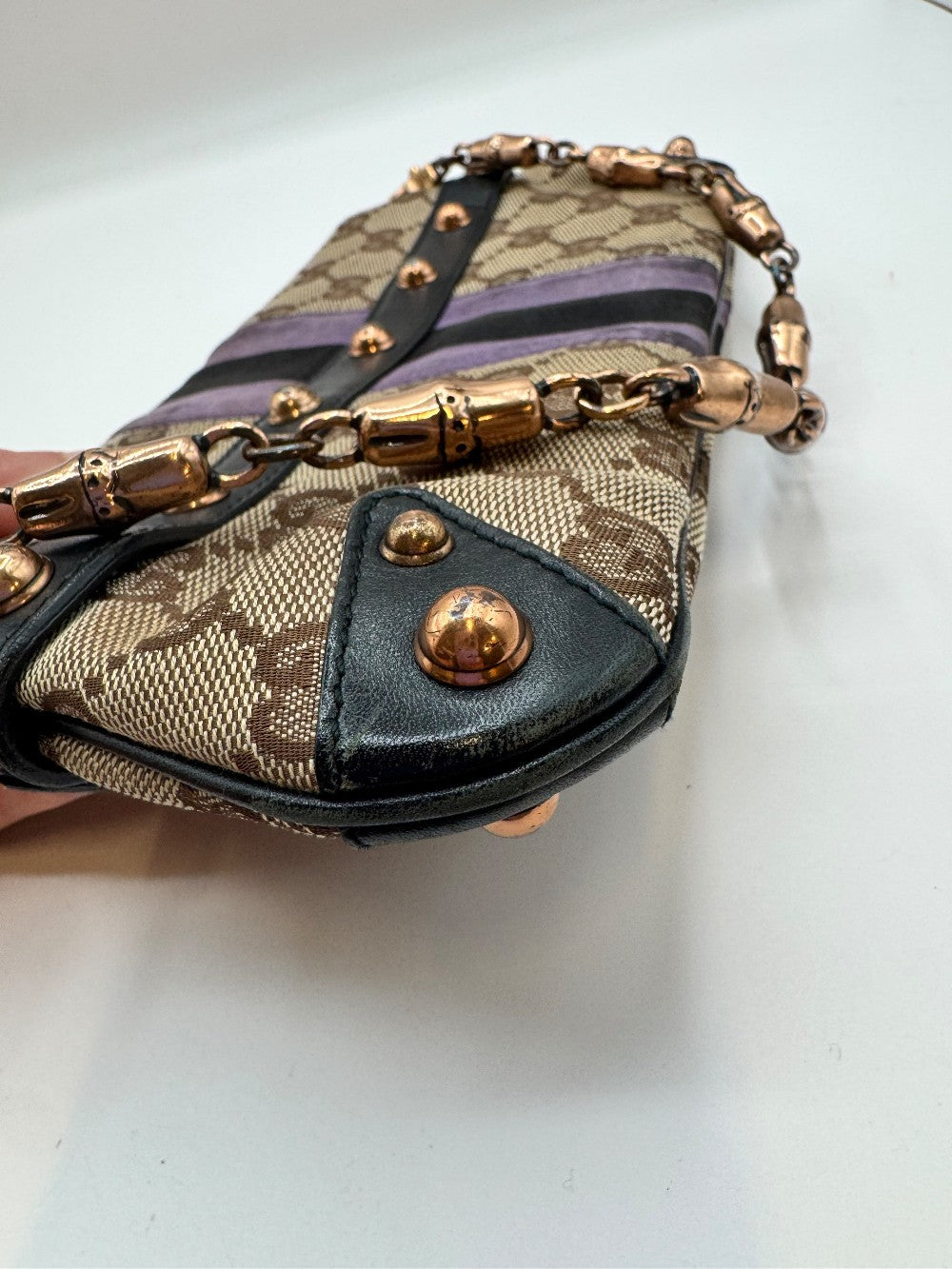 Gucci Supreme Horsebit Purple Satin Chain Clutch|2318