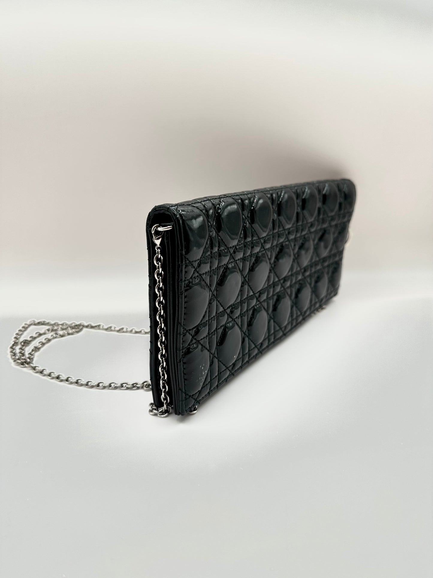 Dior Black Patent Cannage Leather 'Lady Dior' Chain Clutch