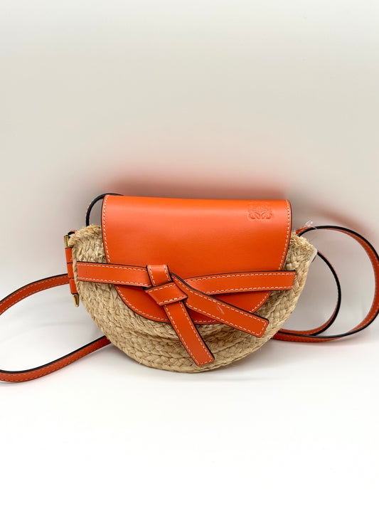 Loewe Orange Leather/Raffia 'Mini Gate' Bag