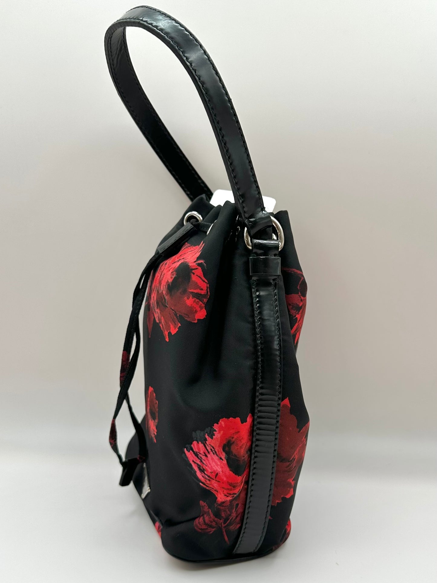 Prada Tessuto Nylon Black/Red 'Stampato' Rose Print Bucket Bag