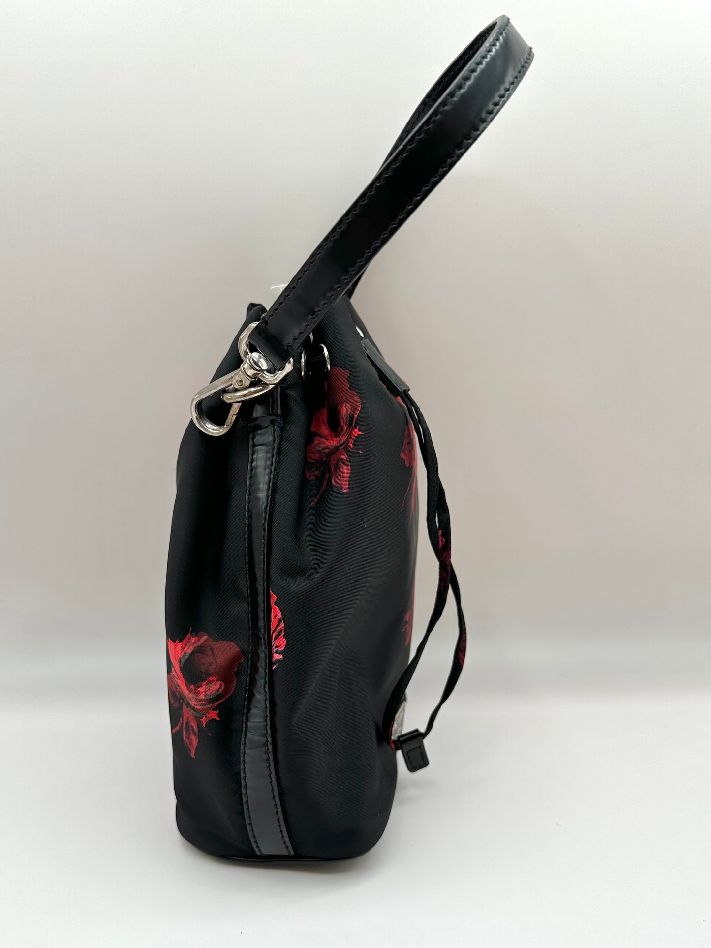 Prada Tessuto Nylon Black/Red 'Stampato' Rose Print Bucket Bag