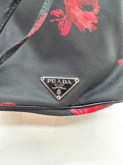 Prada Tessuto Nylon Black/Red 'Stampato' Rose Print Bucket Bag