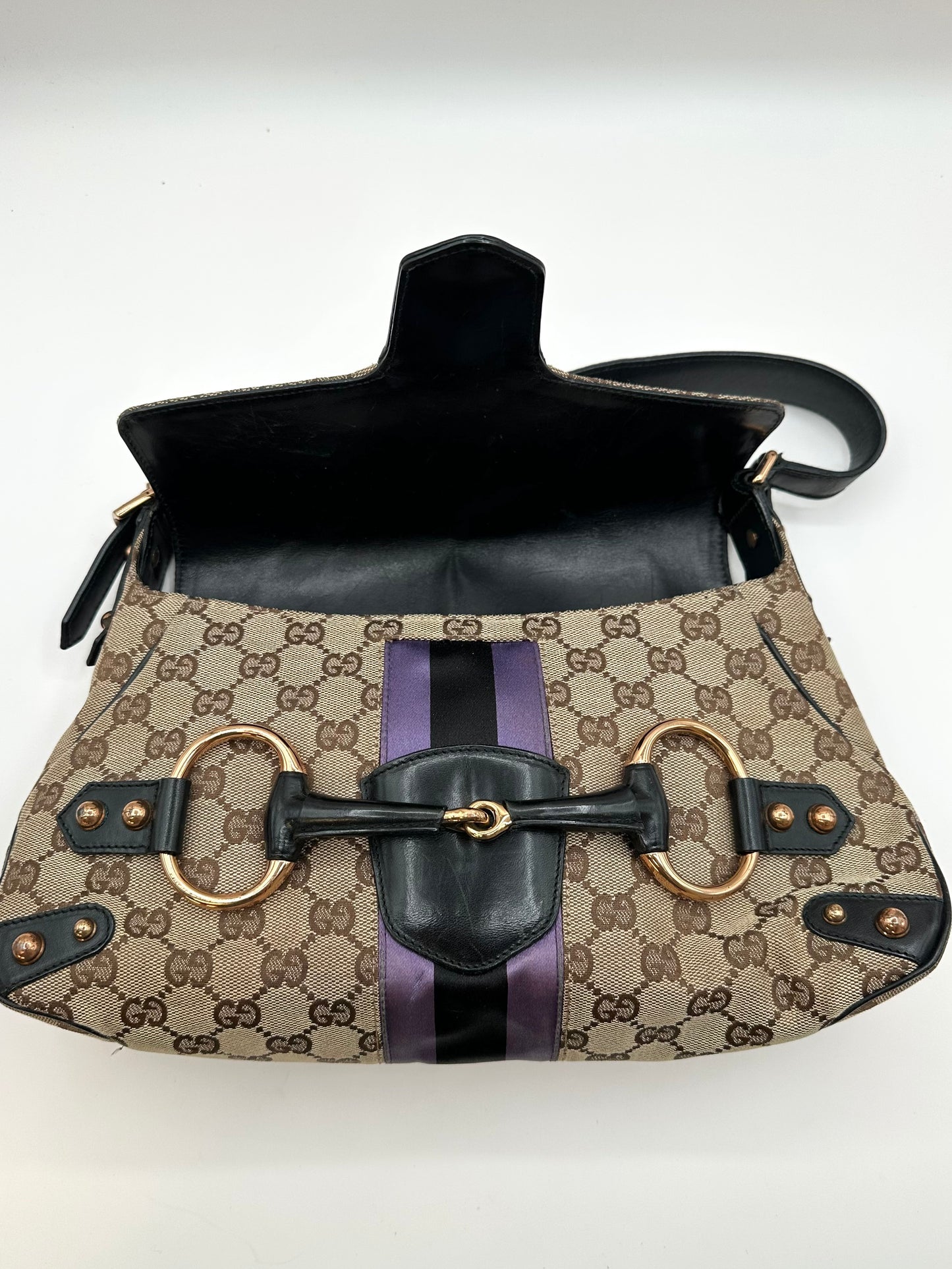Gucci Supreme Purple Satin Horsebit Shoulder Bag