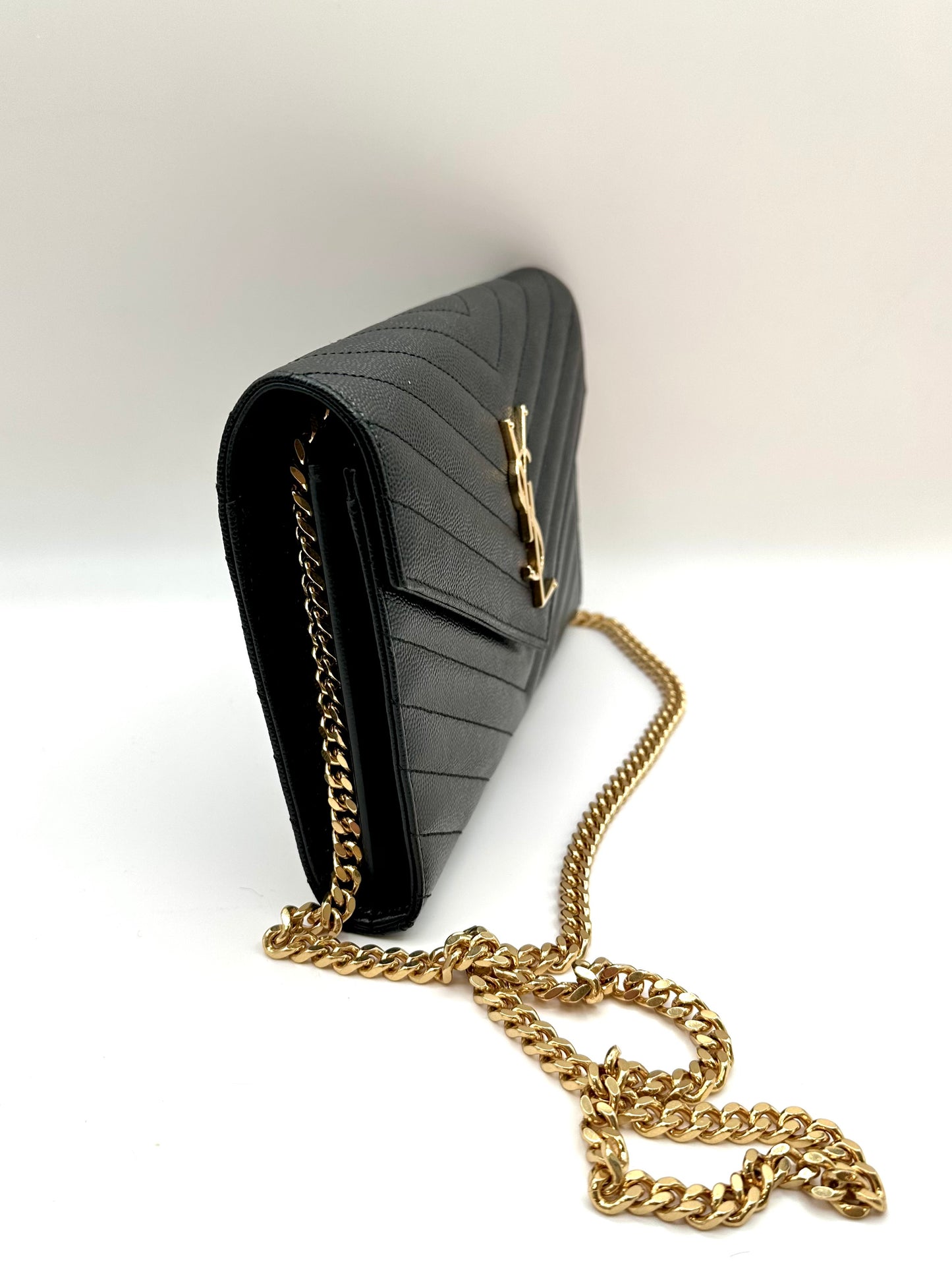 YSL Monogram Large Wallet on Chain in Grained Leather