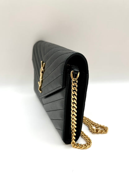 YSL Monogram Large Wallet on Chain in Grained Leather