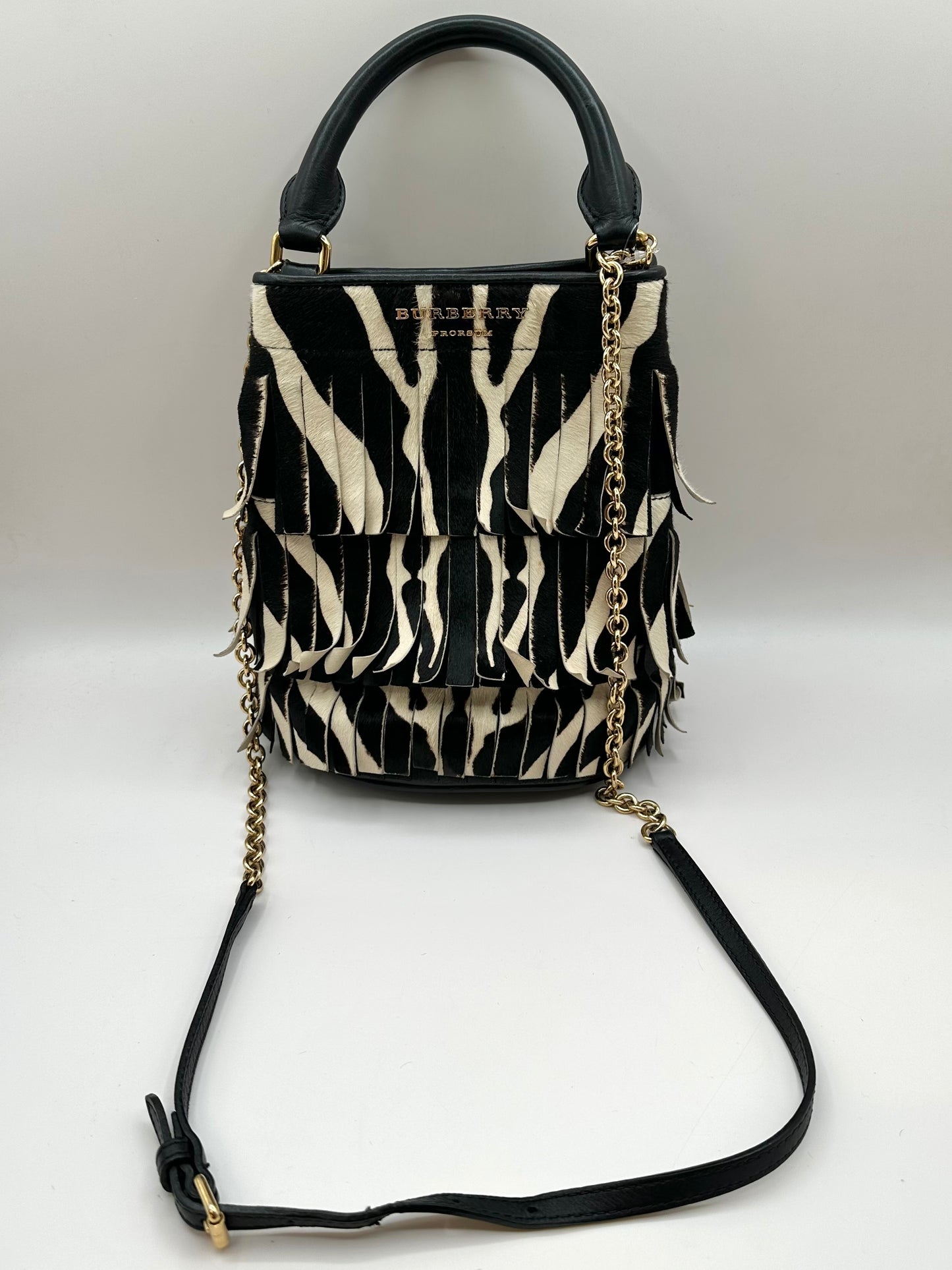 Burberry Prorsum Zebra Print Calf Hair Fringe Bucket Bag