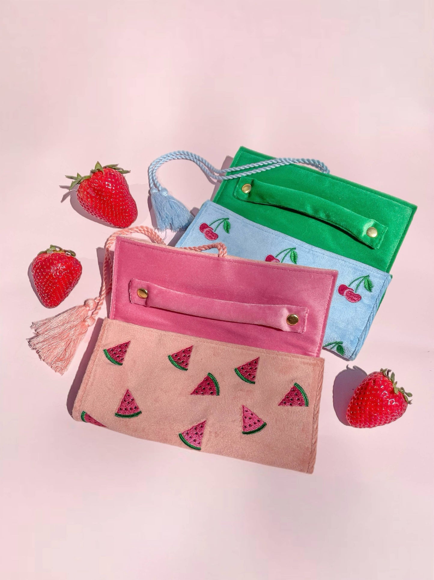 Cherry Travel Jewelry Roll // Embroidered Velvet 